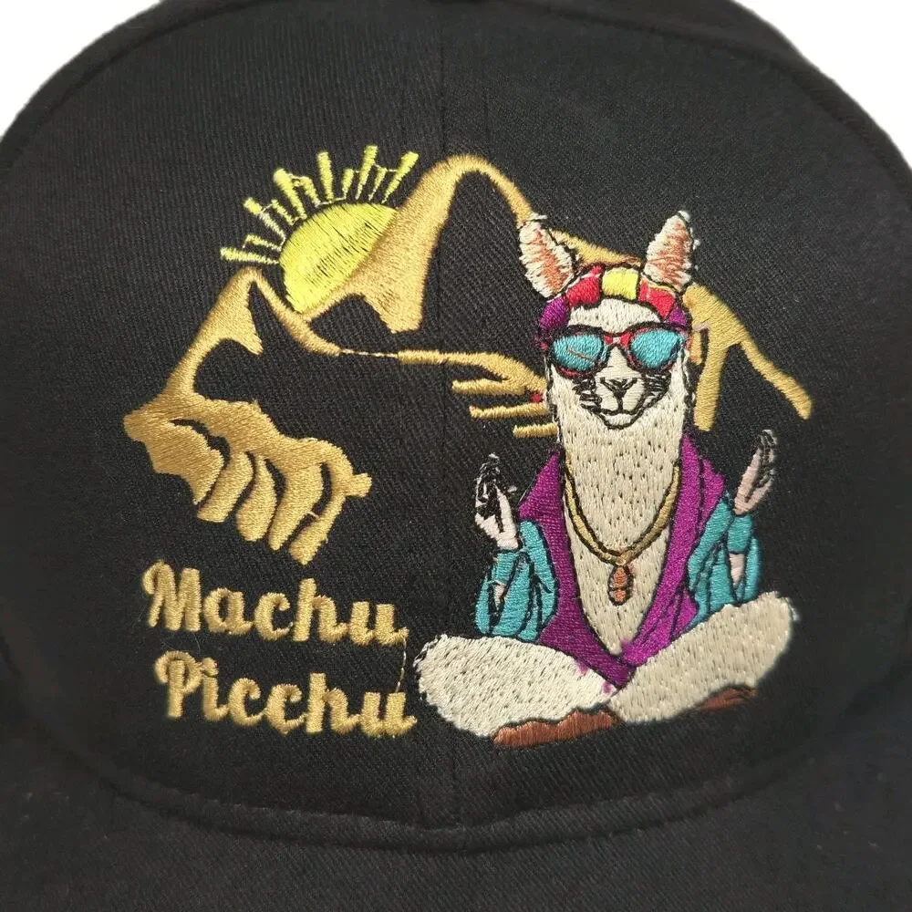 Machu Picchu Embroidered Black Strapback Hat Cap Meditating Llama Whimsical